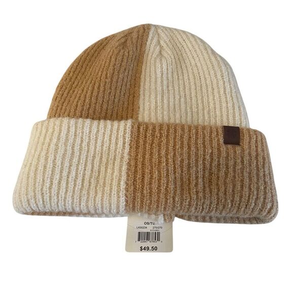 Checkered Color Block Unisex Beanie in Beige & Light Tan. - Picture 1 of 5